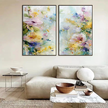 JARDIN SECRET: Impressionistic Abstract Floral Painting Set of 2 | black frame version on white wall