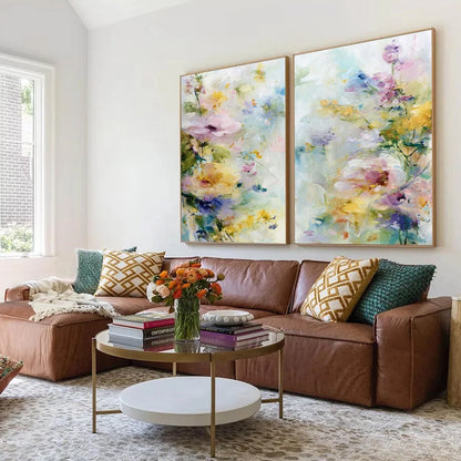 JARDIN SECRET: Impressionistic Abstract Floral Painting Set of 2 | multi-color palette, original oil on stretched canvas art