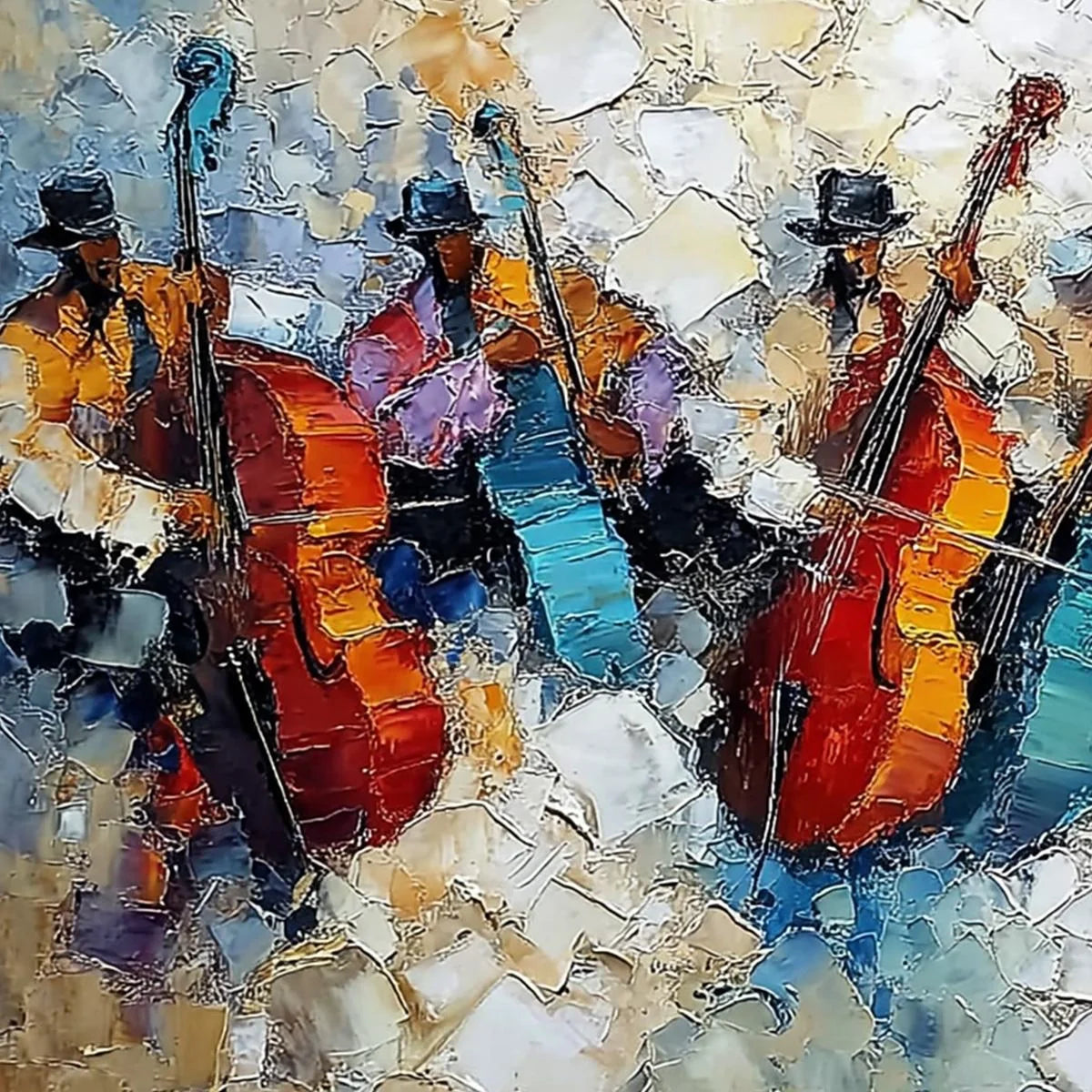 JAZZMEN'S JAM: Textured Impasto Painting of Musicians | rectangular format, hand-painted canvas edge