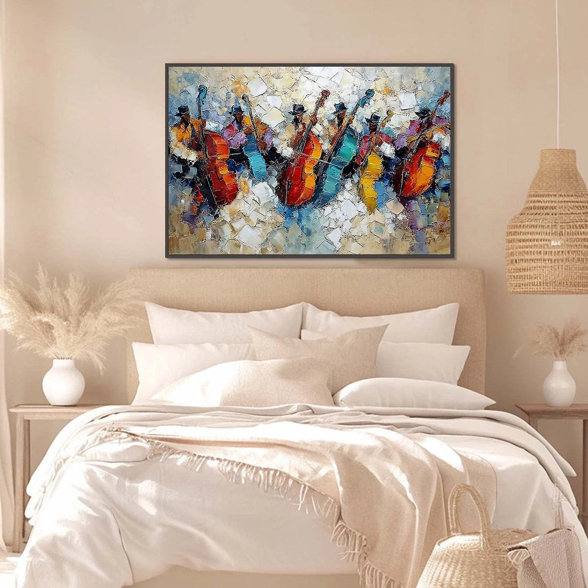 JAZZMEN'S JAM: Textured Impasto Painting of Musicians | gold frame stretched on neutral wall