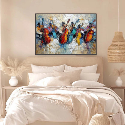 JAZZMEN'S JAM: Textured Impasto Painting of Musicians | gold frame stretched on neutral wall