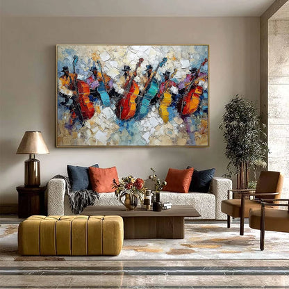 JAZZMEN'S JAM: Textured Impasto Painting of Musicians | black frame version on white wall