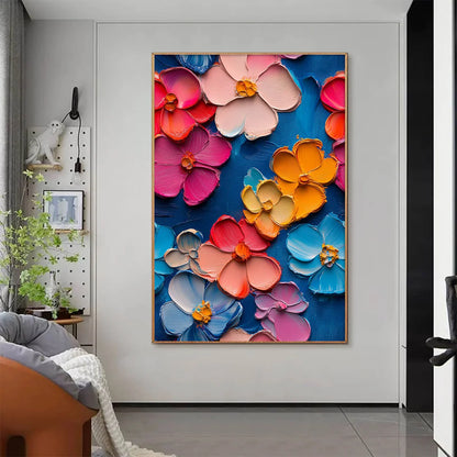 JEWEL GARDEN: Colorful Impasto Floral Oil Painting on Canvas | gold frame stretched on neutral wall