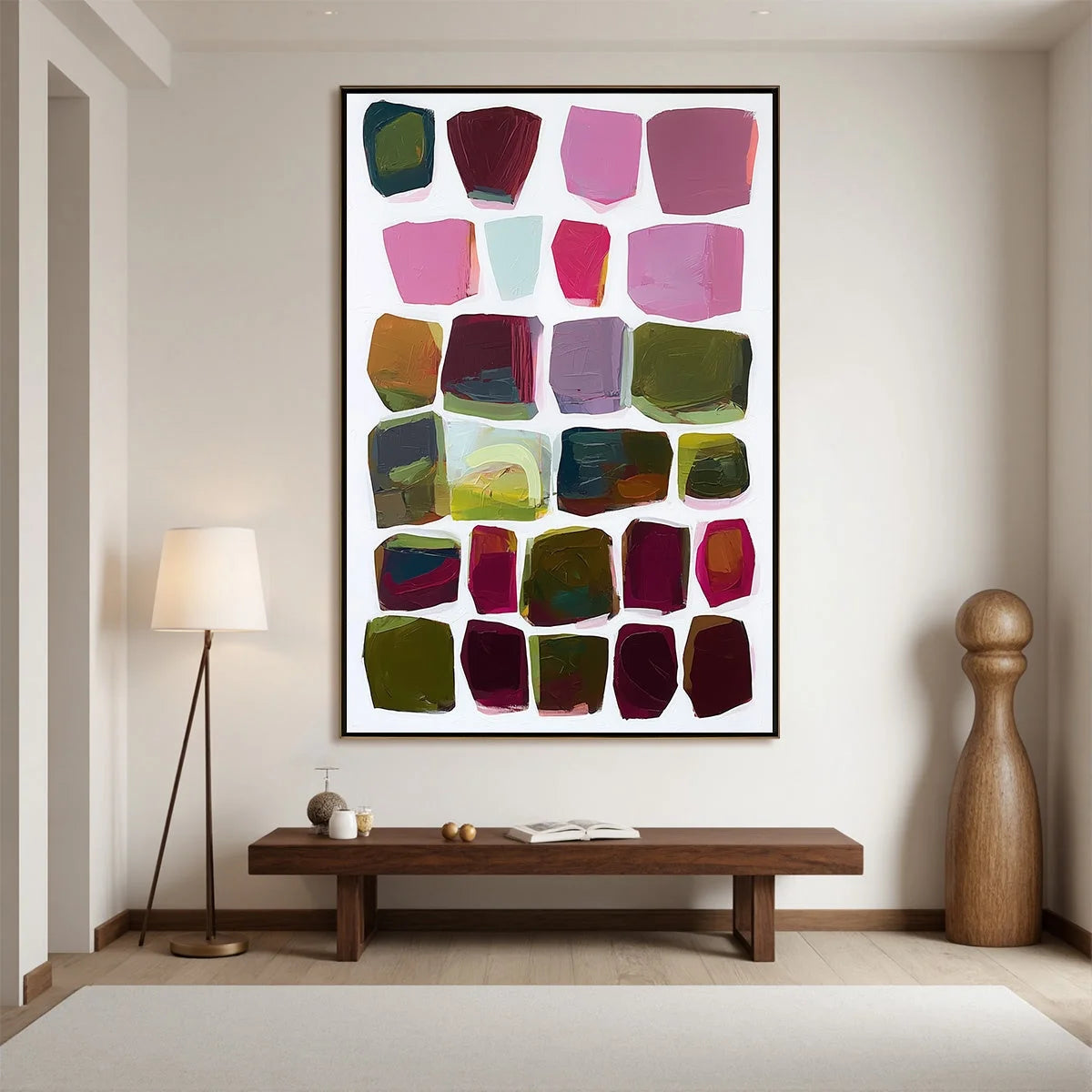 JEWEL TONES: Abstract Geometric Oil Painting | gold frame stretched on neutral wall