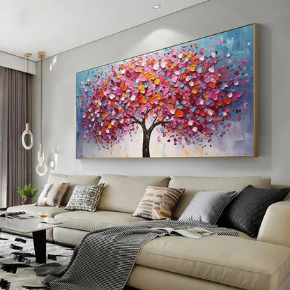 JEWEL TONES TREE: Textured Impasto Tree Painting in Vibrant Pink | gold frame stretched on neutral wall
