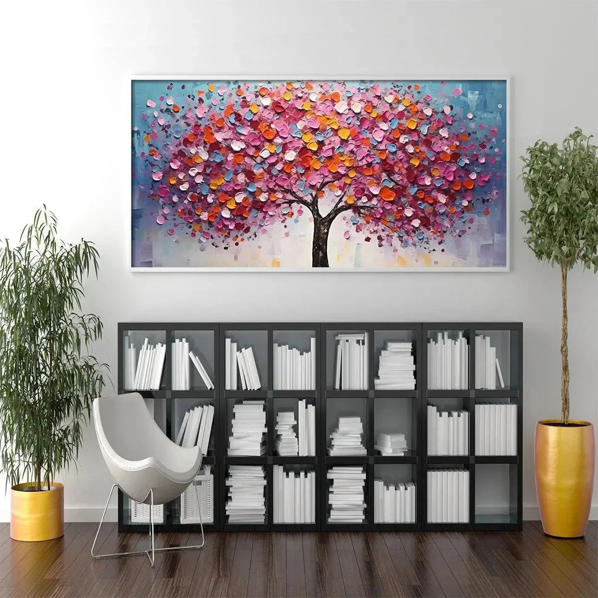 JEWEL TONES TREE: Textured Impasto Tree Painting in Vibrant Pink | black frame version on white wall
