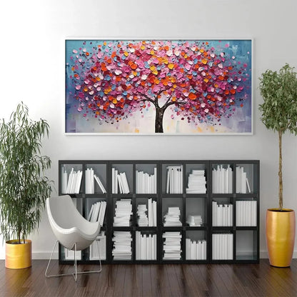 JEWEL TONES TREE: Textured Impasto Tree Painting in Vibrant Pink | black frame version on white wall