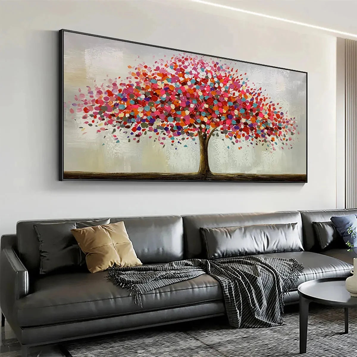 JEWEL TREE: Colorful Abstract Tree Painting, Impasto Texture, Horizontal Canvas, Modern Wall Art | gold frame stretched on neutral wall