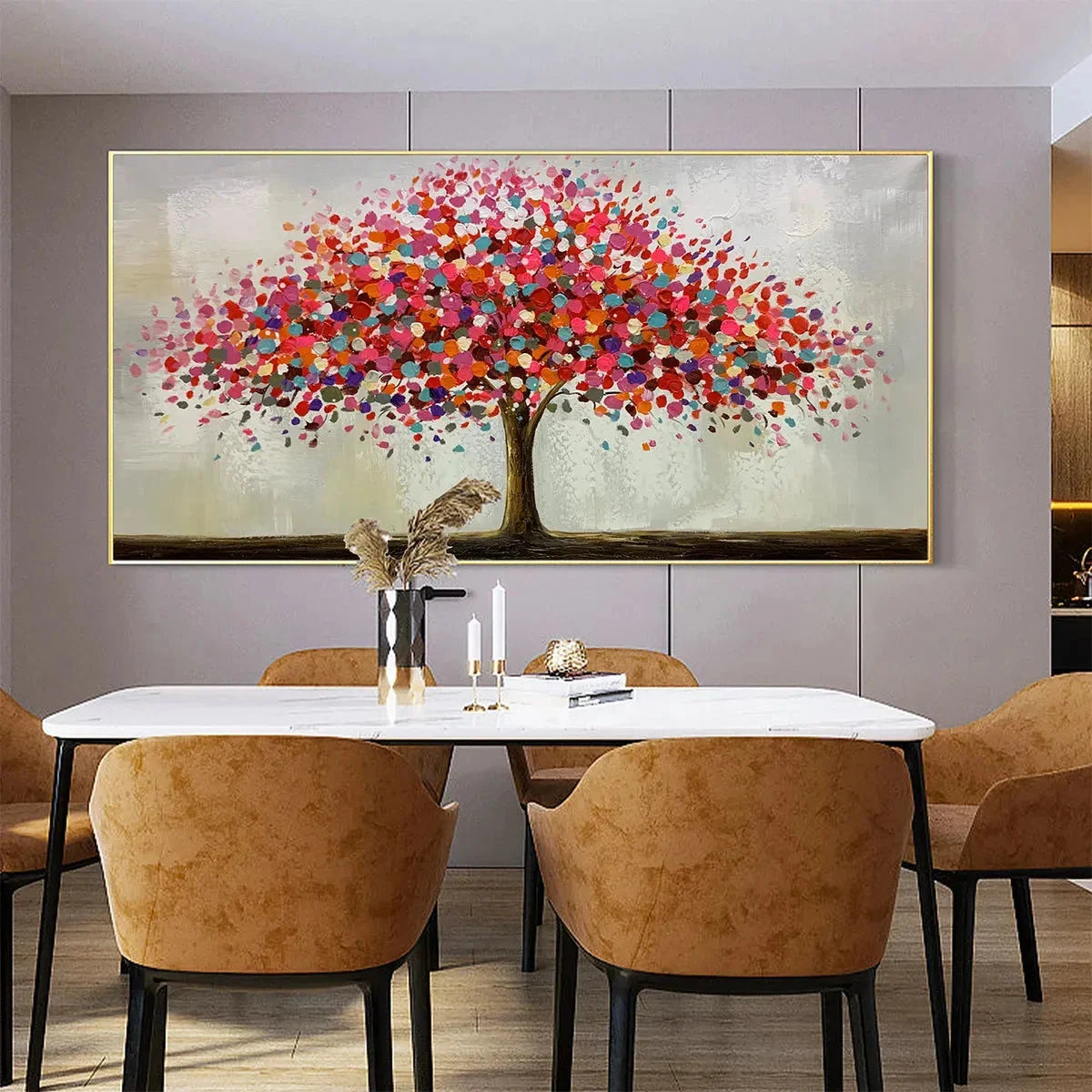 JEWEL TREE: Colorful Abstract Tree Painting, Impasto Texture, Horizontal Canvas, Modern Wall Art | black frame version on white wall