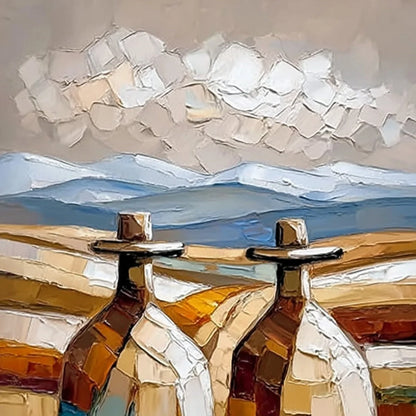 THE JOURNEYMEN: Textured Impasto Painting of Two Figures in a Landscape | rectangular format, hand-painted canvas edge