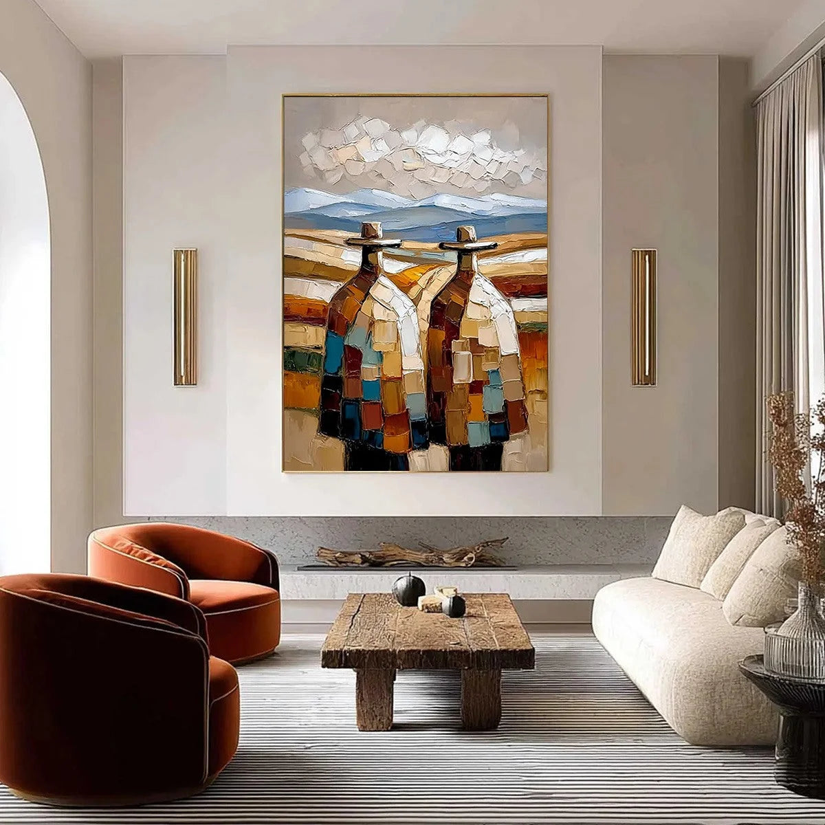 THE JOURNEYMEN: Textured Impasto Painting of Two Figures in a Landscape | gold frame stretched on neutral wall