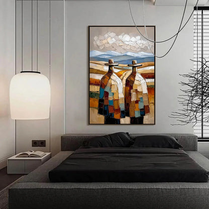 THE JOURNEYMEN: Textured Impasto Painting of Two Figures in a Landscape | black frame version on white wall