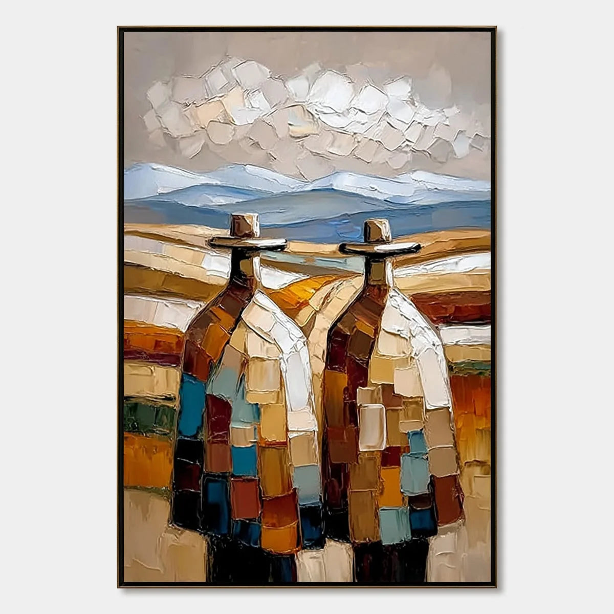 THE JOURNEYMEN: Textured Impasto Painting of Two Figures in a Landscape | hanging in living room, Landscape wall art