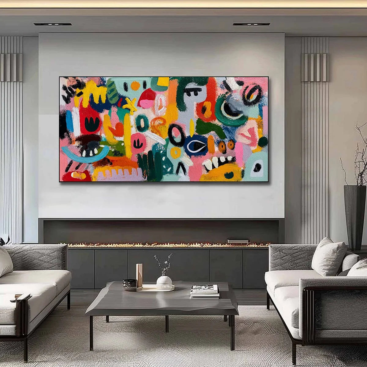 JOYFUL CHAOS: Vibrant Large Horizontal Abstract Expressionist Wall Art | Abstract closeup, raised brushwork detail