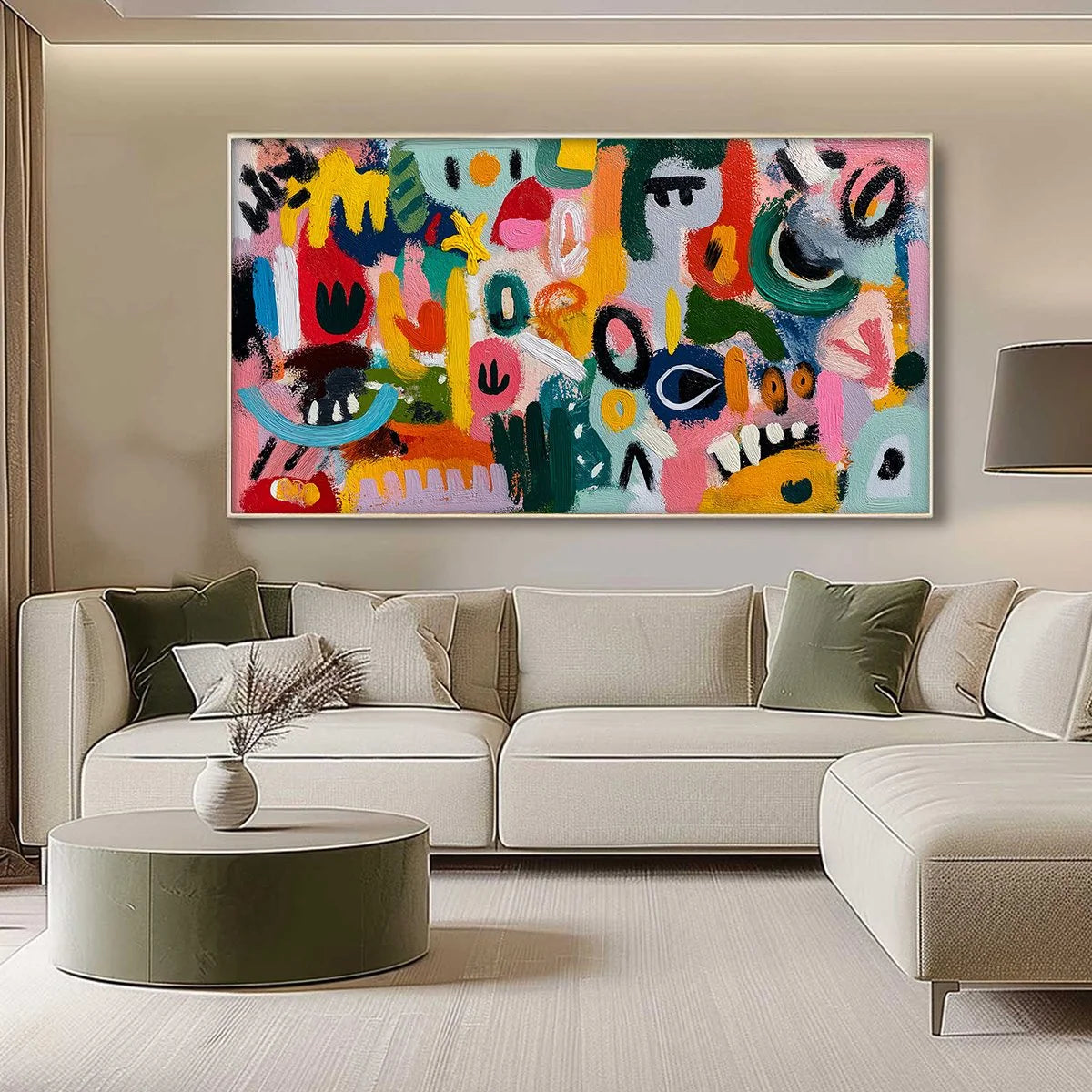 JOYFUL CHAOS: Vibrant Large Horizontal Abstract Expressionist Wall Art | gold frame stretched on neutral wall