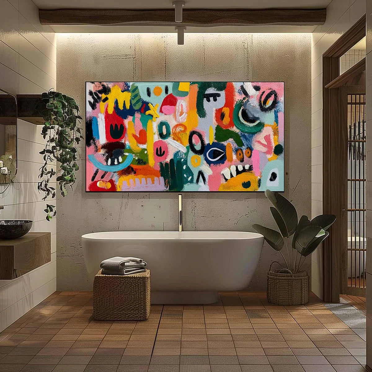 JOYFUL CHAOS: Vibrant Large Horizontal Abstract Expressionist Wall Art | black frame version on white wall