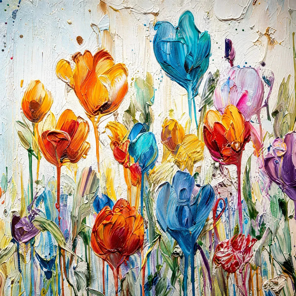 JOYFUL MELODY: Vibrant Abstract Flower Field Painting with Impasto Texture | rectangular format, hand-painted canvas edge