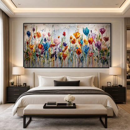 JOYFUL MELODY: Vibrant Abstract Flower Field Painting with Impasto Texture | gold frame stretched on neutral wall
