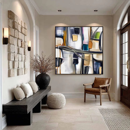 JUNCTION: Modern Abstract Textured Square Wall Art Painting | gold frame stretched on neutral wall