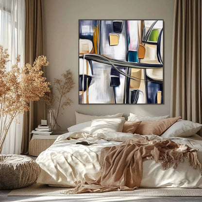 JUNCTION: Modern Abstract Textured Square Wall Art Painting | black frame version on white wall