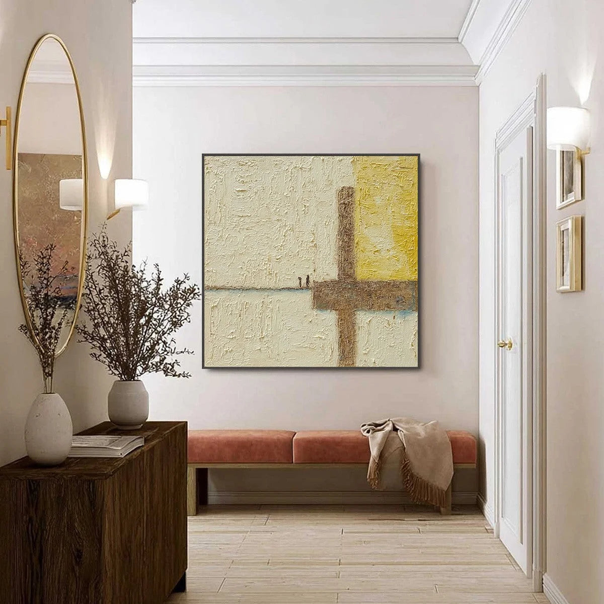 Juncture: Textured Wabi Sabi Abstract Oil Painting for Walls | gold frame stretched on neutral wall