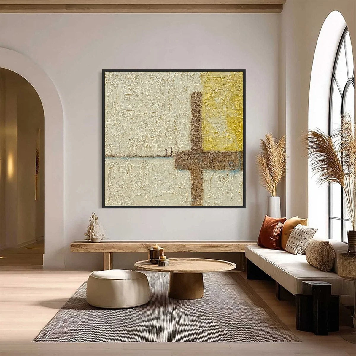 Juncture: Textured Wabi Sabi Abstract Oil Painting for Walls | black frame version on white wall