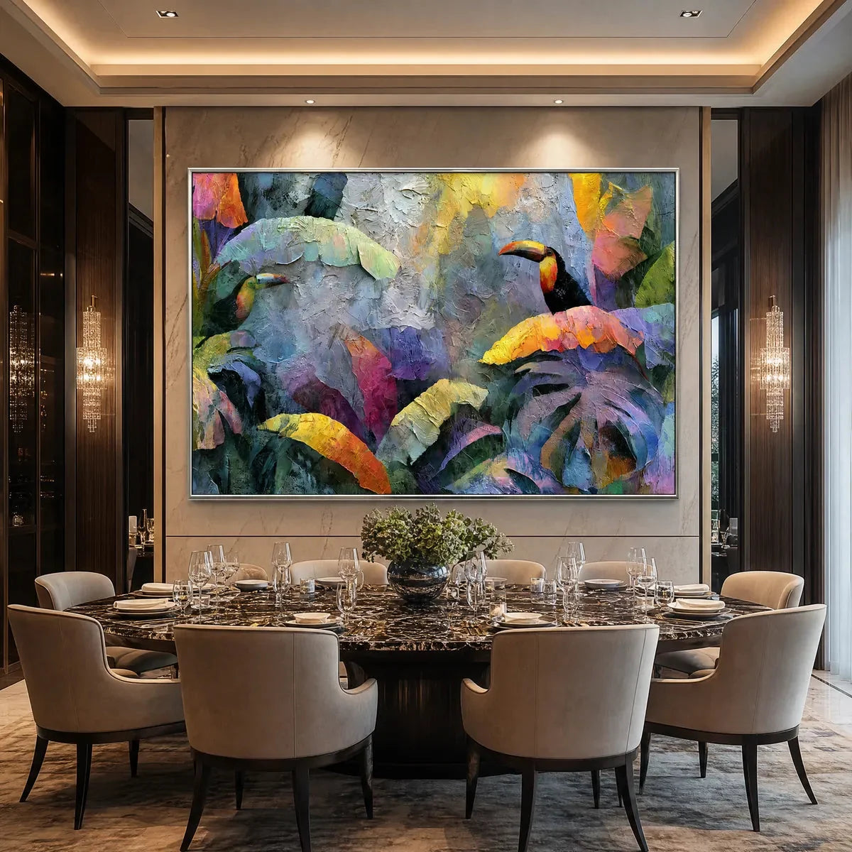 JUNGLE SANCTUARY: Heavily Textured Impasto Toucan & Tropical Leaf Painting | Abstract closeup, raised brushwork detail