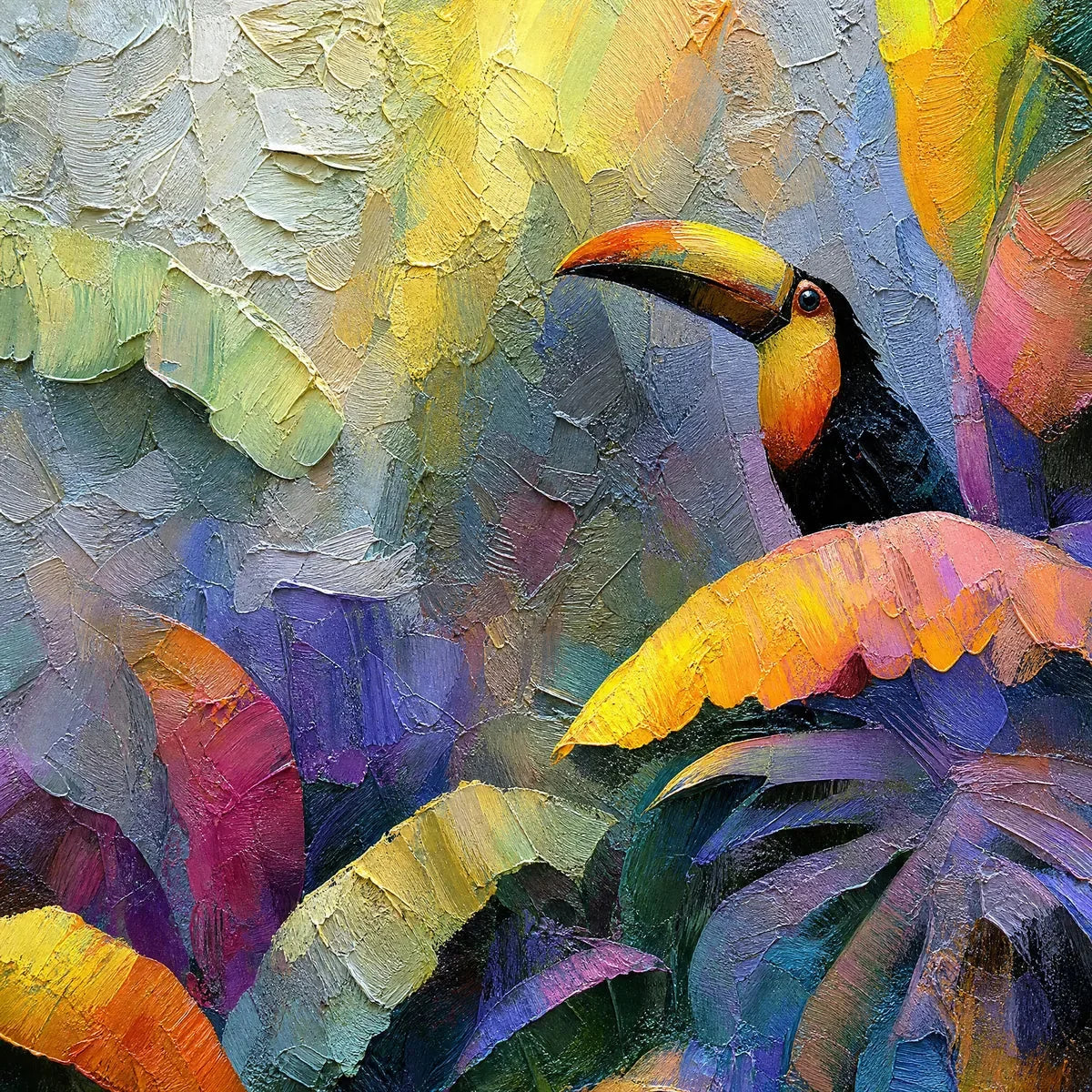 JUNGLE SANCTUARY: Heavily Textured Impasto Toucan & Tropical Leaf Painting | rectangular format, hand-painted canvas edge