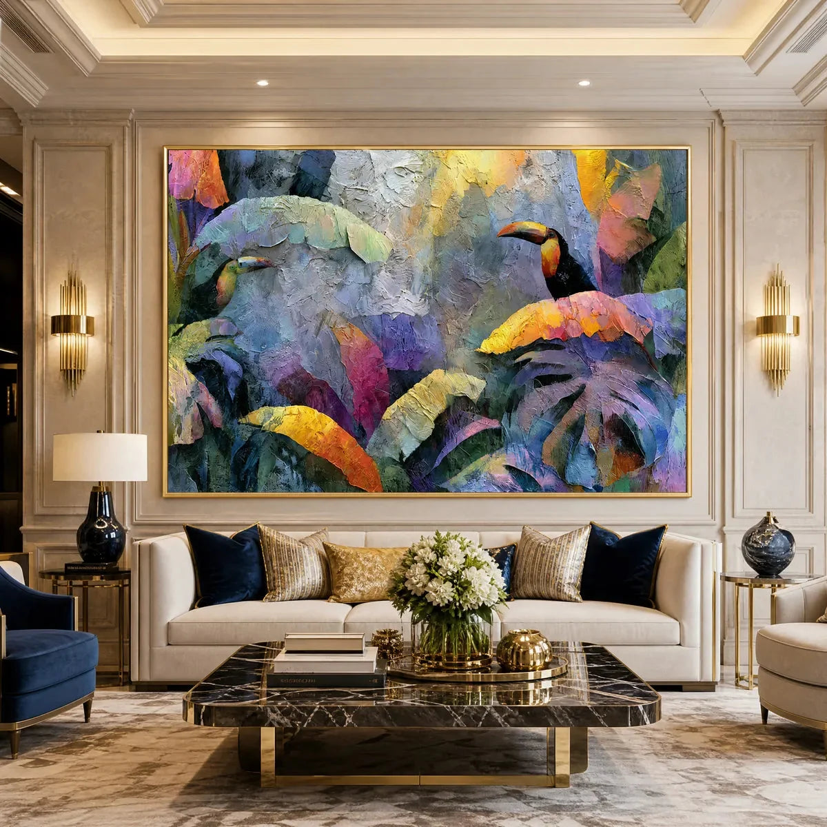 JUNGLE SANCTUARY: Heavily Textured Impasto Toucan & Tropical Leaf Painting | gold frame stretched on neutral wall