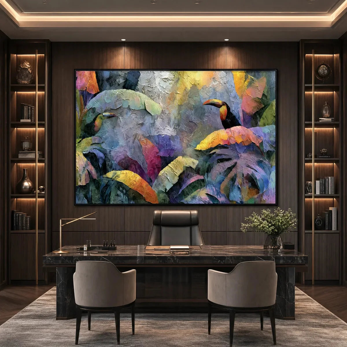 JUNGLE SANCTUARY: Heavily Textured Impasto Toucan & Tropical Leaf Painting | rolled canvas, ready for custom framing