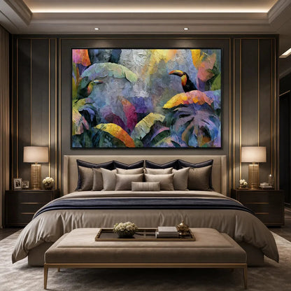 JUNGLE SANCTUARY: Heavily Textured Impasto Toucan & Tropical Leaf Painting | black frame version on white wall