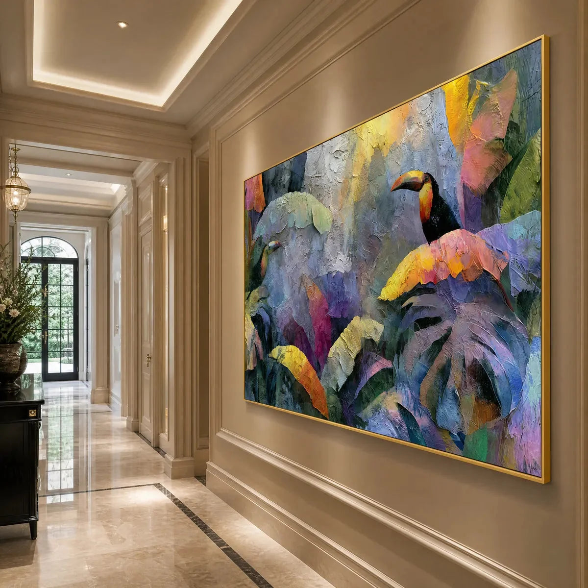 JUNGLE SANCTUARY: Heavily Textured Impasto Toucan & Tropical Leaf Painting | Abstract mood, soft natural light studio shot