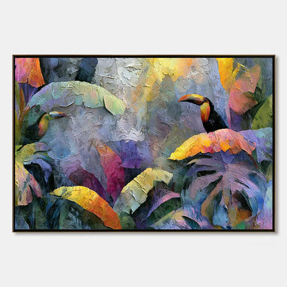 JUNGLE SANCTUARY: Heavily Textured Impasto Toucan & Tropical Leaf Painting | hanging in living room, Abstract wall art