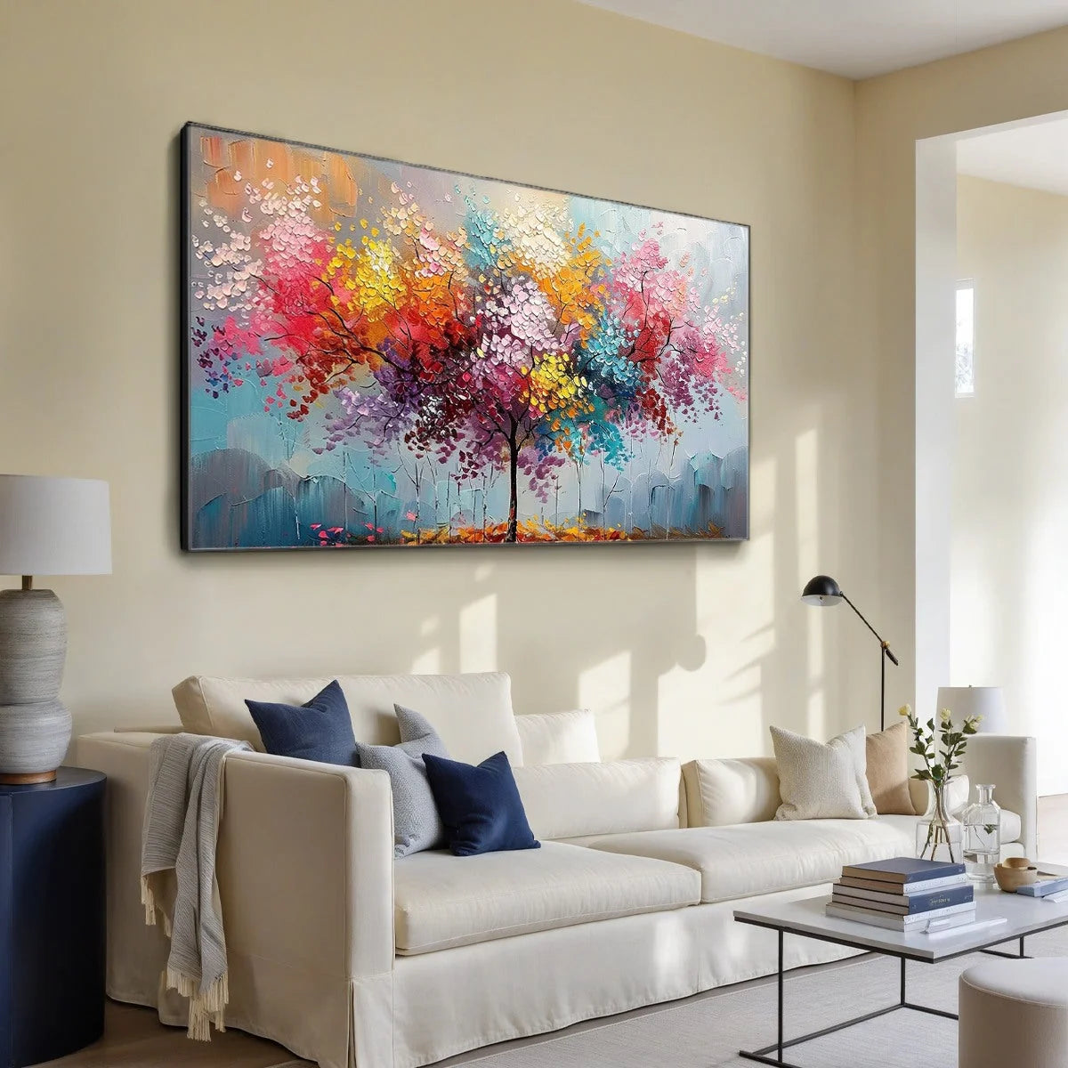 KALEIDOSCOPE DREAM: Textured Multicolored Tree Oil Painting | gold frame stretched on neutral wall