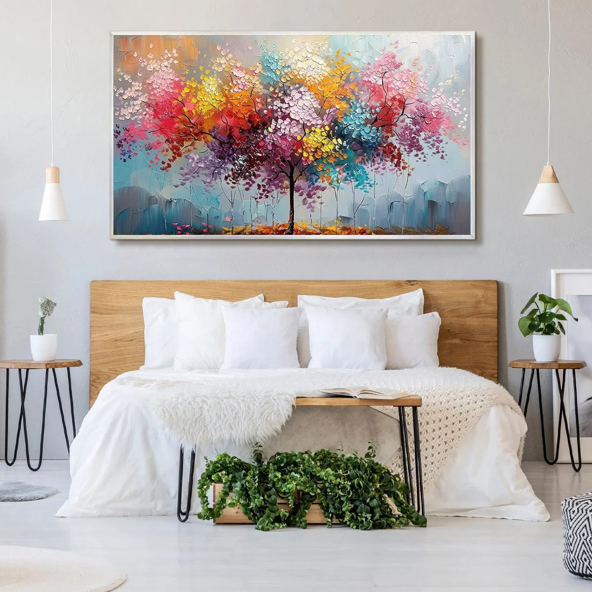 KALEIDOSCOPE DREAM: Textured Multicolored Tree Oil Painting | black frame version on white wall