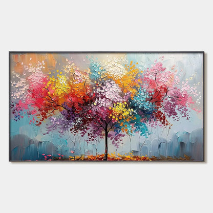 KALEIDOSCOPE DREAM: Textured Multicolored Tree Oil Painting | hanging in living room, Figurative wall art