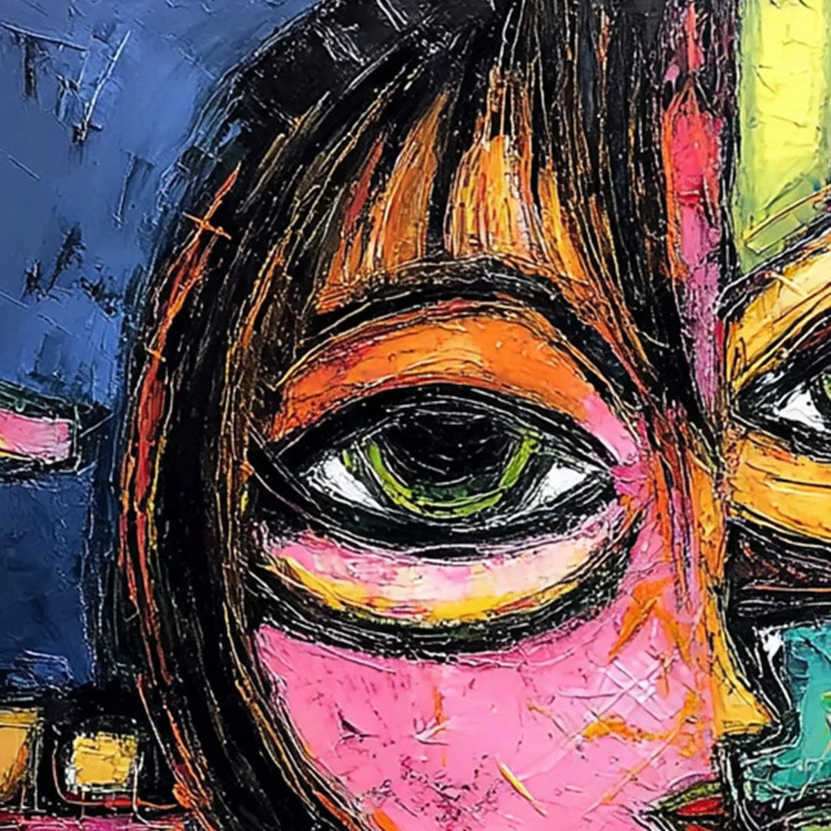 KALEIDOSCOPE GAZE: Colorful Abstract Portrait Impasto Oil Painting | rectangular format, hand-painted canvas edge