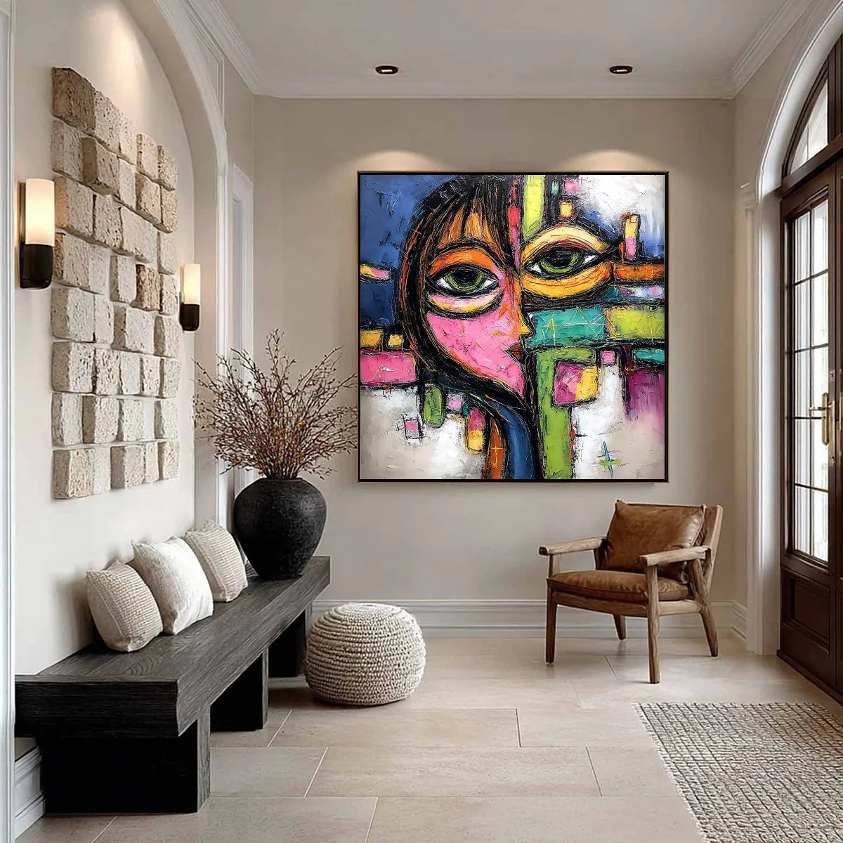 KALEIDOSCOPE GAZE: Colorful Abstract Portrait Impasto Oil Painting | gold frame stretched on neutral wall