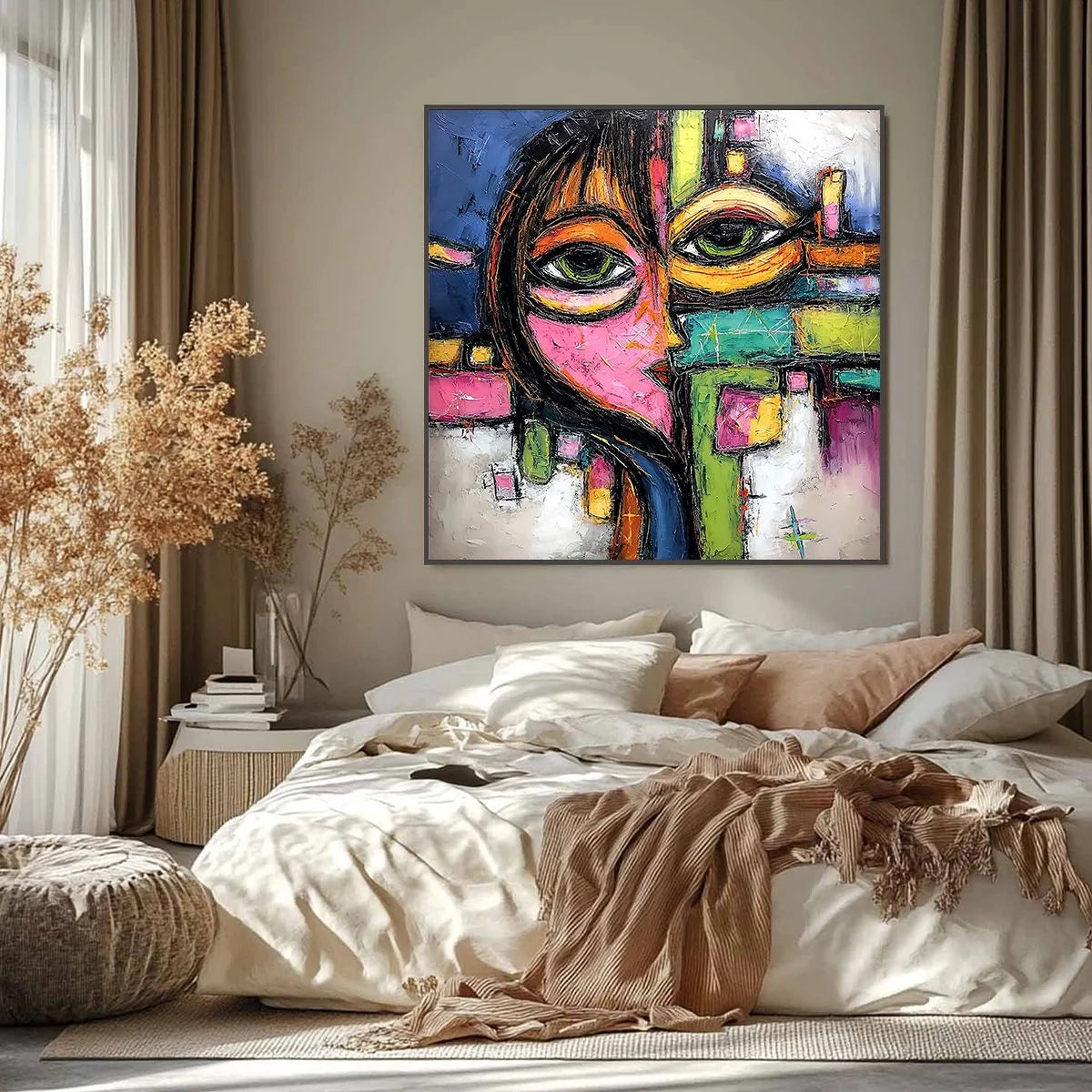 KALEIDOSCOPE GAZE: Colorful Abstract Portrait Impasto Oil Painting | black frame version on white wall