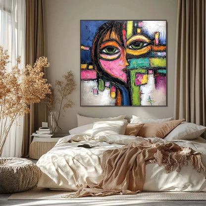KALEIDOSCOPE GAZE: Colorful Abstract Portrait Impasto Oil Painting | black frame version on white wall