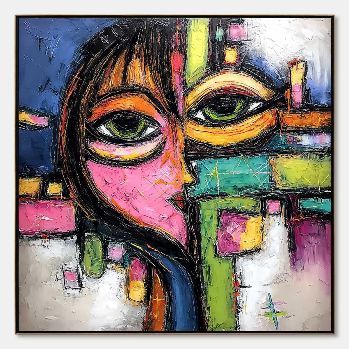 KALEIDOSCOPE GAZE: Colorful Abstract Portrait Impasto Oil Painting | hanging in living room, Abstract wall art