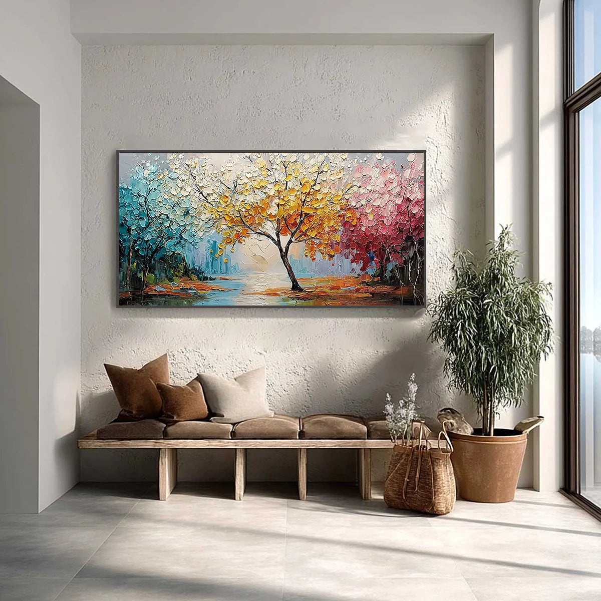 KALEIDOSCOPE OF SEASONS: Large Textured Palette Knife Tree Landscape Oil Painting | Landscape closeup, raised brushwork detail