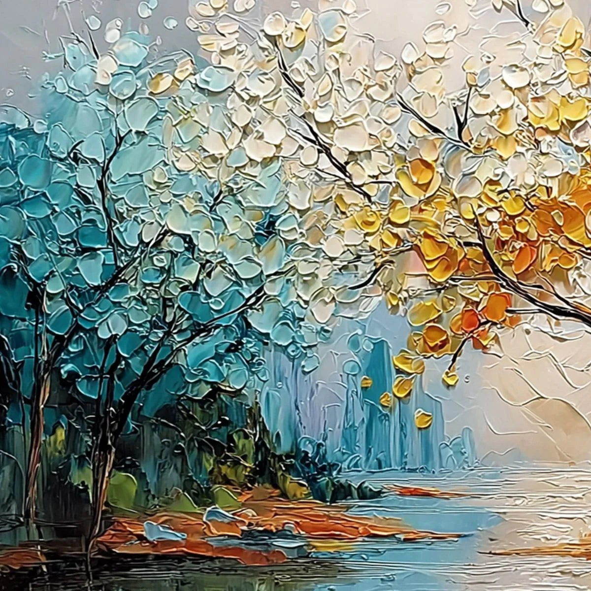 KALEIDOSCOPE OF SEASONS: Large Textured Palette Knife Tree Landscape Oil Painting | rectangular format, hand-painted canvas edge