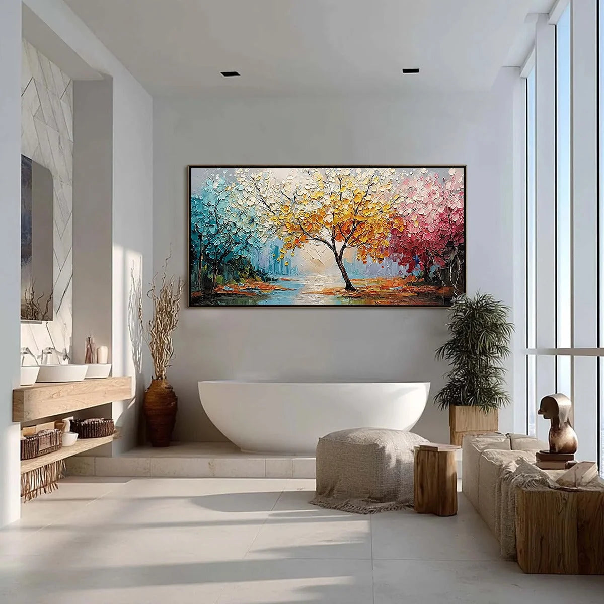 KALEIDOSCOPE OF SEASONS: Large Textured Palette Knife Tree Landscape Oil Painting | gold frame stretched on neutral wall