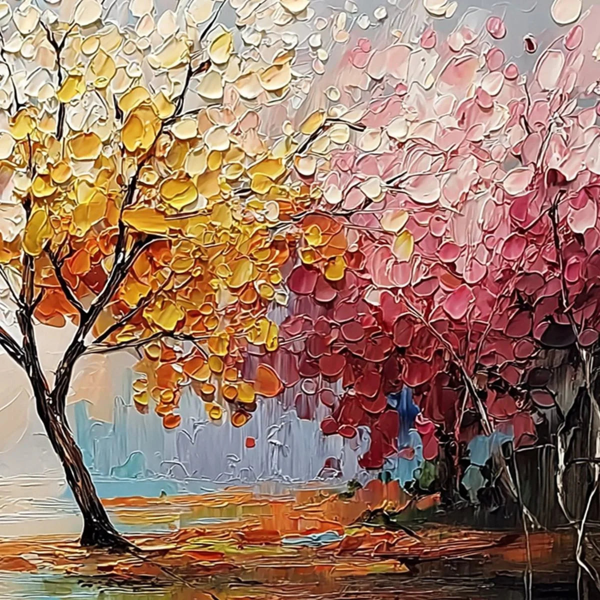 KALEIDOSCOPE OF SEASONS: Large Textured Palette Knife Tree Landscape Oil Painting | rolled canvas, ready for custom framing
