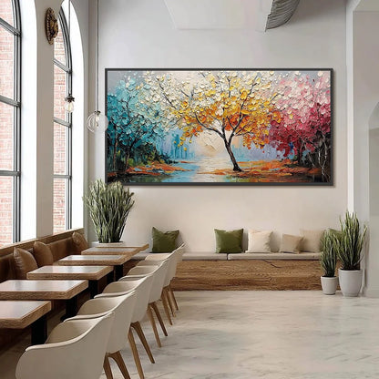 KALEIDOSCOPE OF SEASONS: Large Textured Palette Knife Tree Landscape Oil Painting | black frame version on white wall