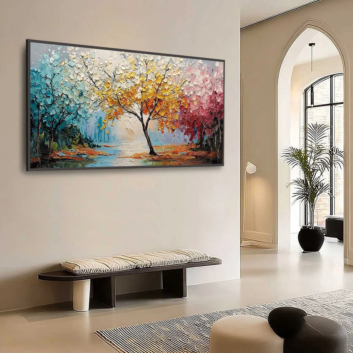 KALEIDOSCOPE OF SEASONS: Large Textured Palette Knife Tree Landscape Oil Painting | Landscape mood, soft natural light studio shot