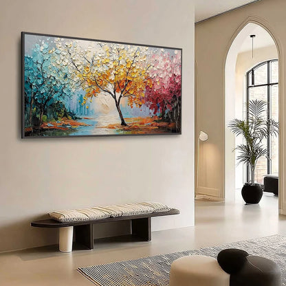 KALEIDOSCOPE OF SEASONS: Large Textured Palette Knife Tree Landscape Oil Painting | Landscape mood, soft natural light studio shot