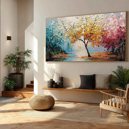 KALEIDOSCOPE OF SEASONS: Large Textured Palette Knife Tree Landscape Oil Painting | yellow palette, original oil on stretched canvas art