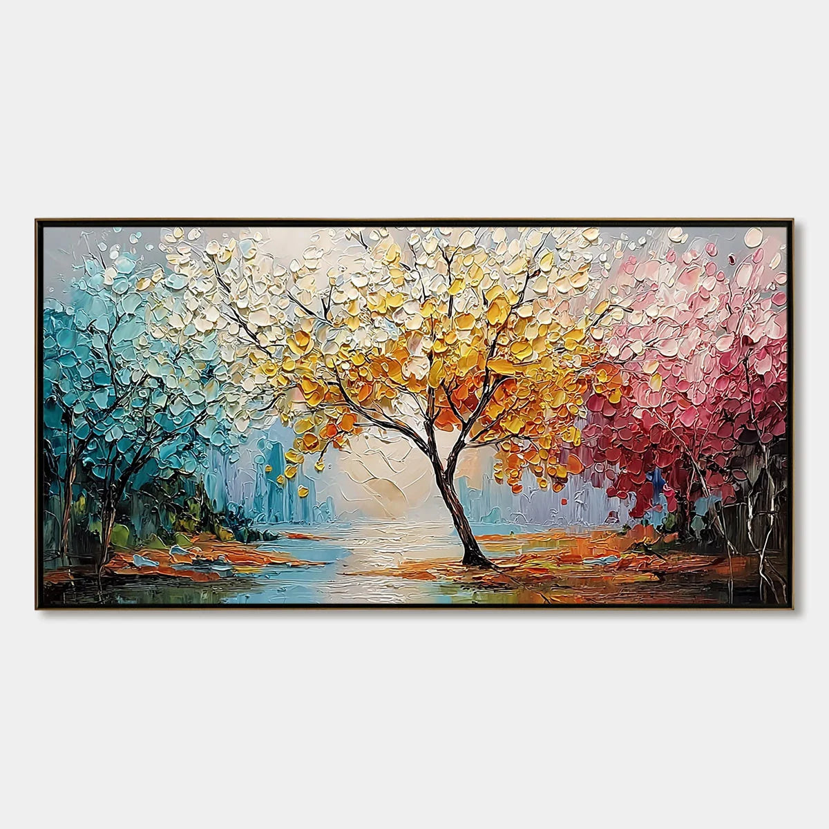 KALEIDOSCOPE OF SEASONS: Large Textured Palette Knife Tree Landscape Oil Painting | hanging in living room, Landscape wall art